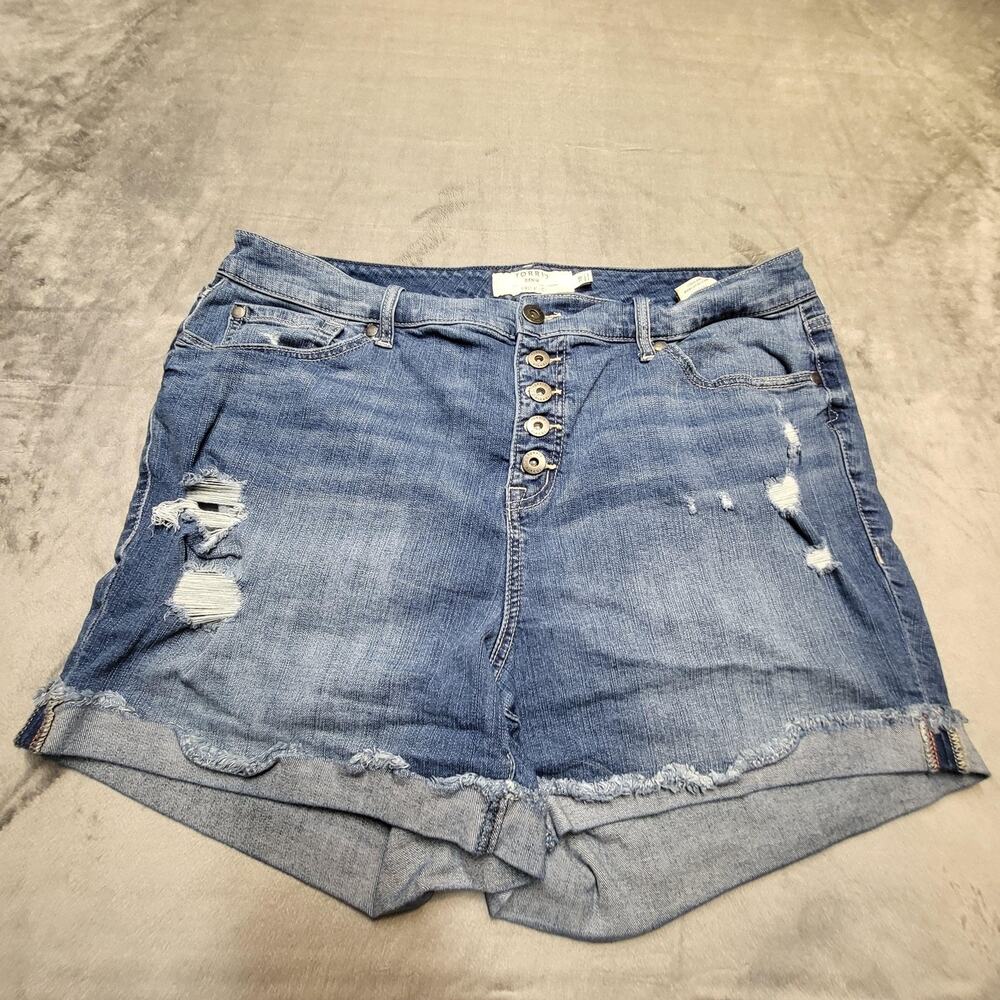 Torrid Denim Shorts Womens 18 Blue Distressed High Rise Button Fly Rolled Hem